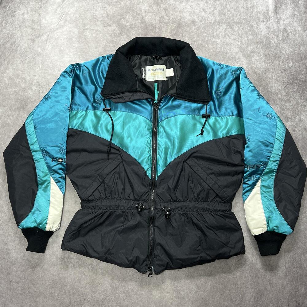 VTG Polaris Jacket Womens Medium Blue Teal Snowmobile Embroidered Snowflakes 90s